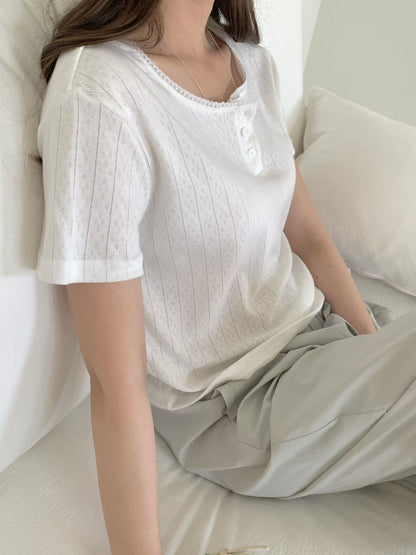 Romantic Lace-Trimmed Jacquard Cotton Top(3 colors)