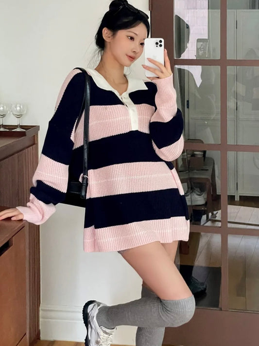 Relaxed Stripe Knit Top with Lapel Collar(4 colors)