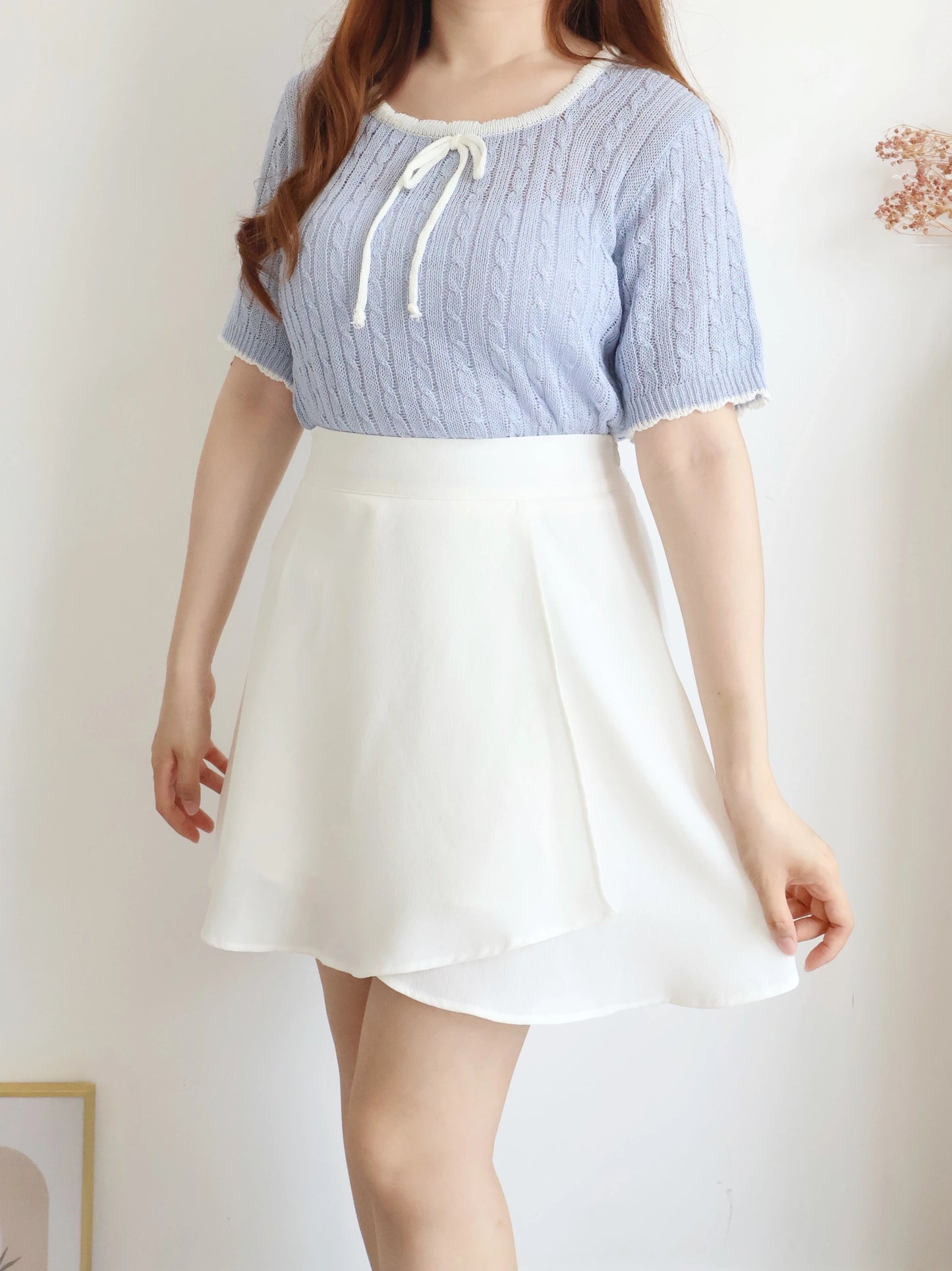 Romantic Square-Neck Contrast-Trim Bow Cable Knit Top(Skyblue)