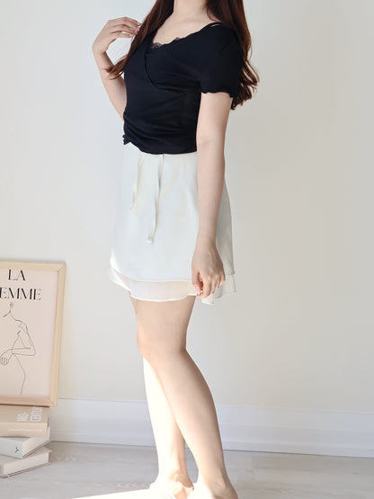 Elegant Lace Trim Layered Wrap Top(Black)