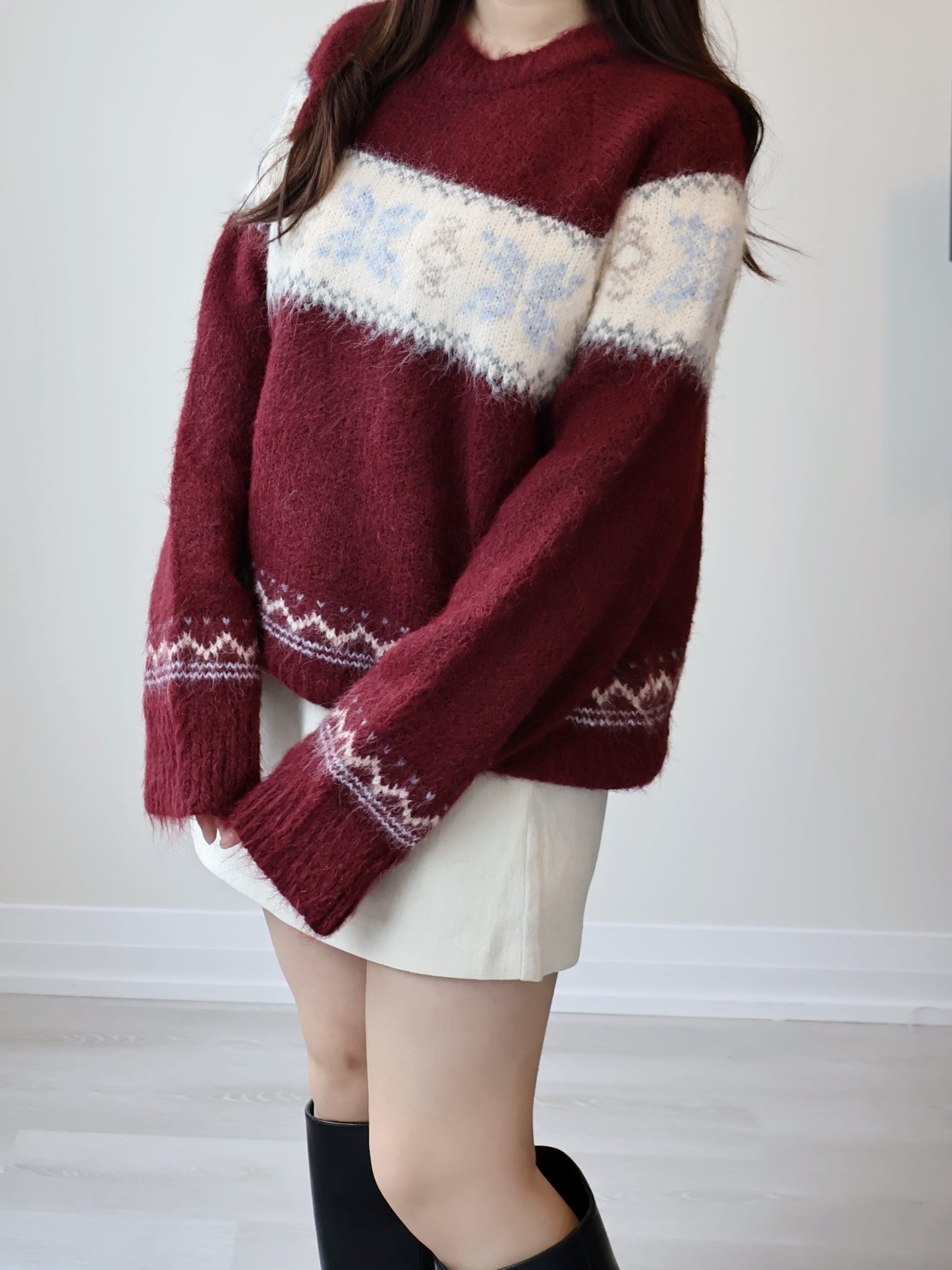 [10% WOOL] Snowflake Oversized Sweater(Burgundy)