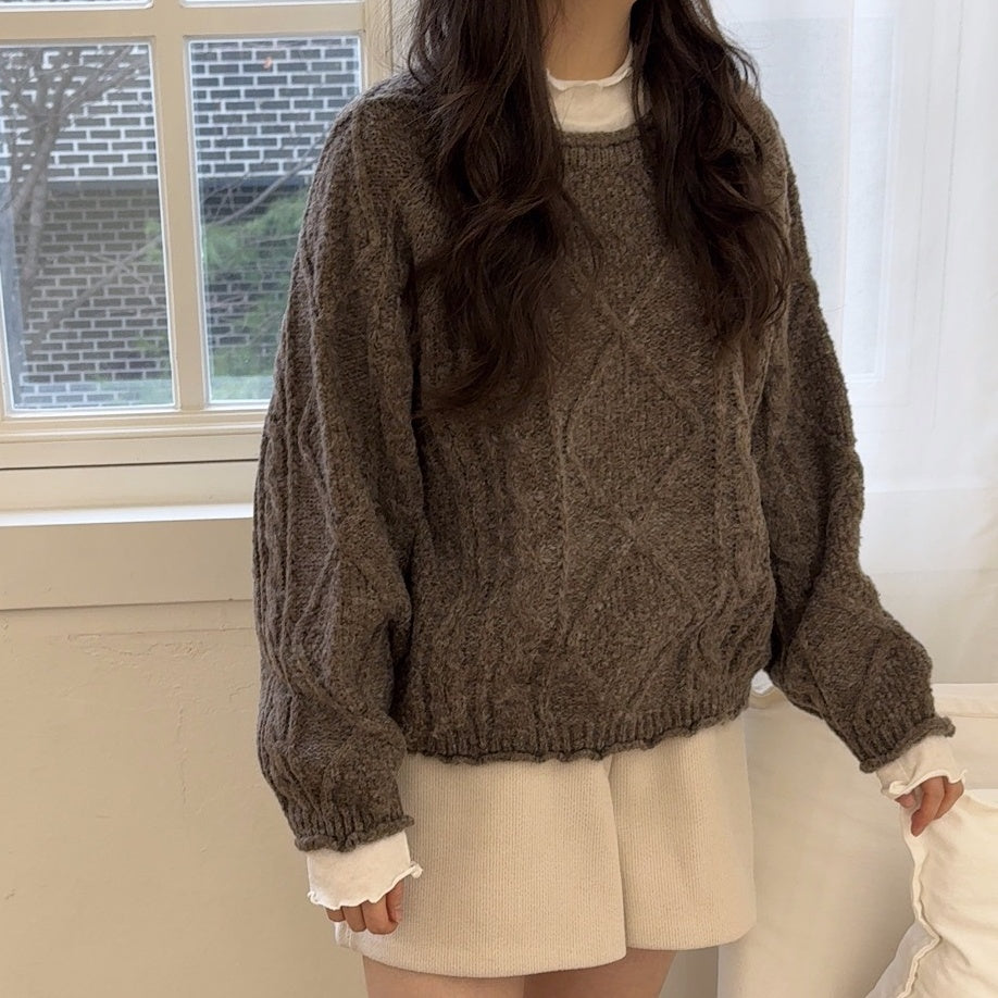 Round Neck Cable Knit Sweater(4 colors)