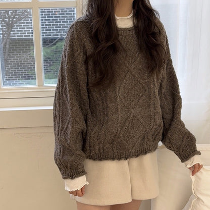 Round Neck Cable Knit Sweater(4 colors)
