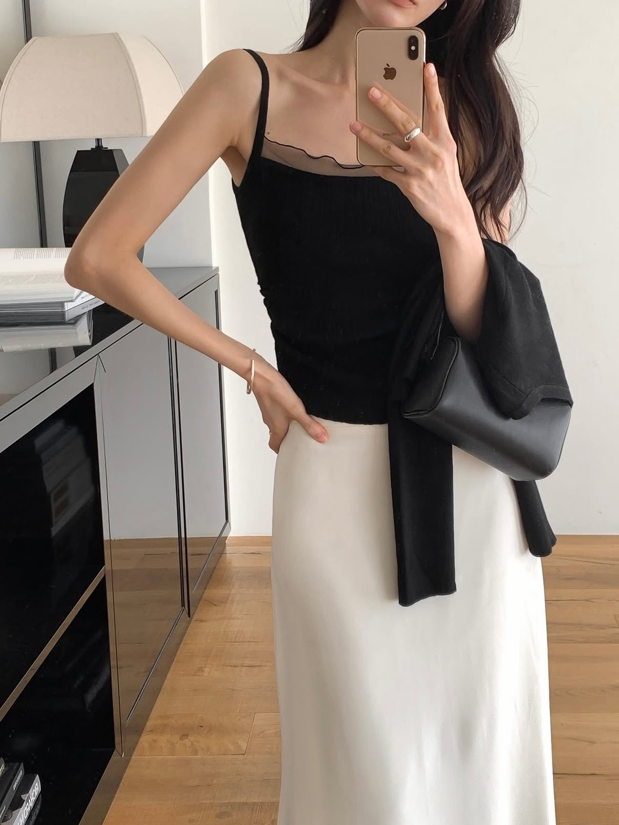 [2-Piece Set] Romantic Semi-Sheer Padded Camisole with Ultra-Soft Cardigan(Black)
