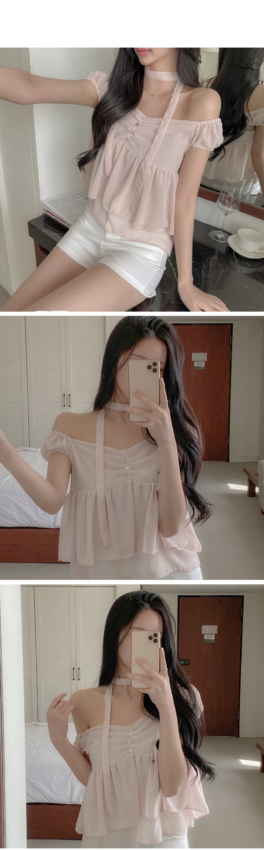 2-Way Flowy Tiered Puff-Sleeve Chiffon Blouse(3 Colors)