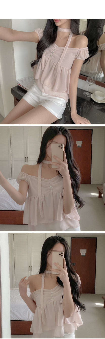 2-Way Flowy Tiered Puff-Sleeve Chiffon Blouse(3 Colors)