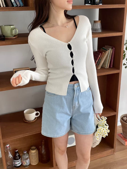 Ribbed Button-Down Stretch Knit Top(3 colors)