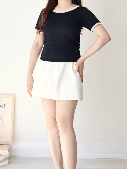 Elegant Slim-Fit Lace Trim Cotton Top(Black)
