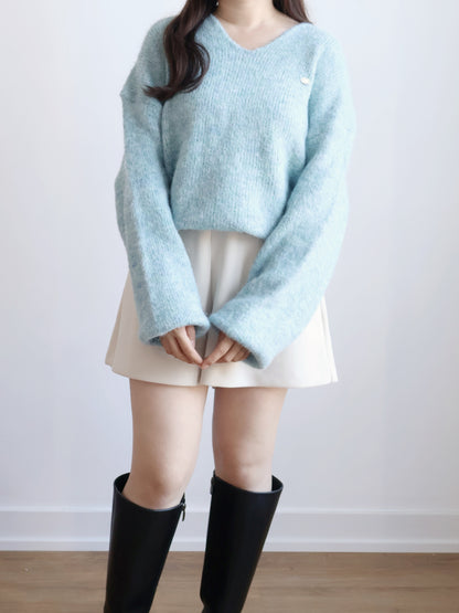 [10% WOOL] V-neck Mixed-color Mochi Sweater (Arctic Blue)