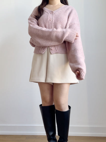 [10% WOOL] V-neck Warm Knit Cardigan (Pinkish purple)