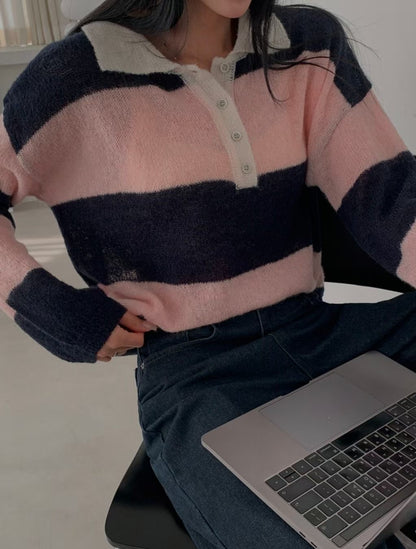 [20% Wool] Preppy Stripe Polo Sweater(5 colors)