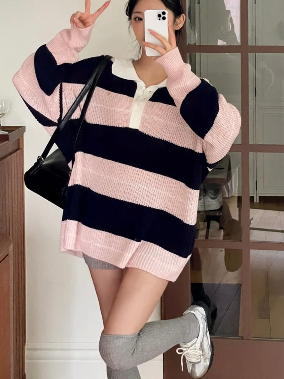 Relaxed Stripe Knit Top with Lapel Collar(4 colors)