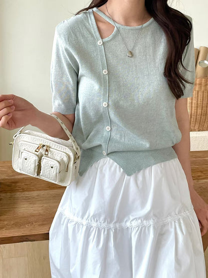 Elegant Eyelet Buttoned Linen Knit Top(4 Colors)