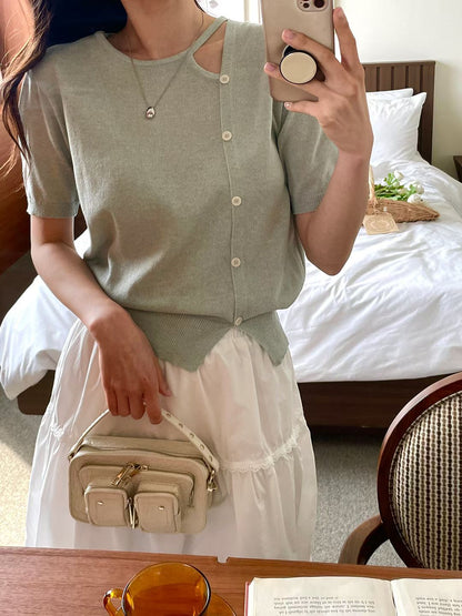 Elegant Eyelet Buttoned Linen Knit Top(4 Colors)