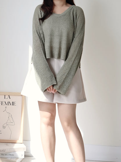 Earth Tone V-Neck Relaxed Knit Top(Matcha)