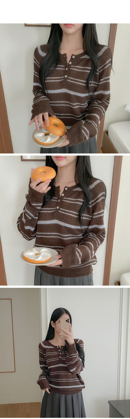 Button-Neck Relaxed Fit Striped Sweater(4 colors)