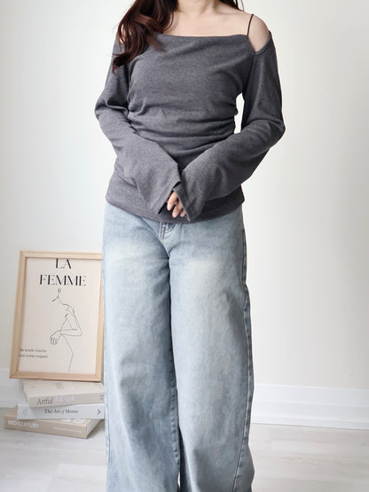 2-Way Draped Neck Strap Off-Shoulder Top(Charcoal)
