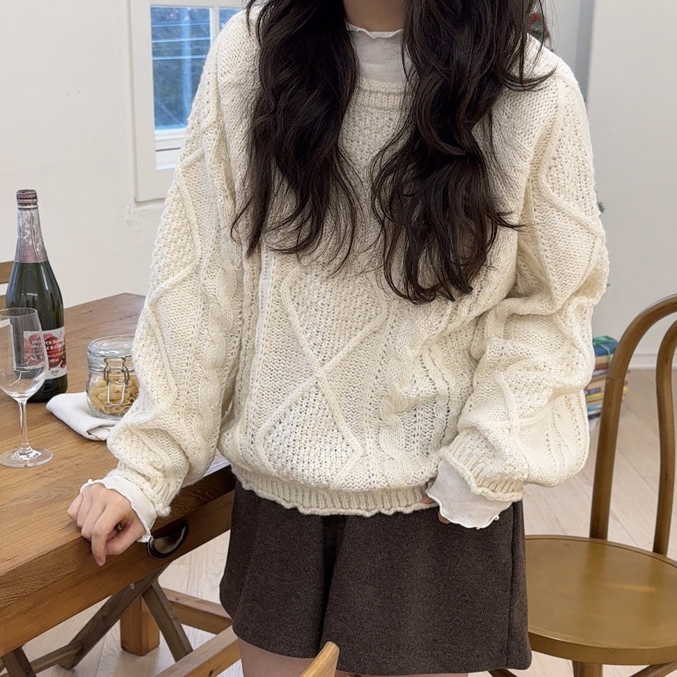 Round Neck Cable Knit Sweater(4 colors)