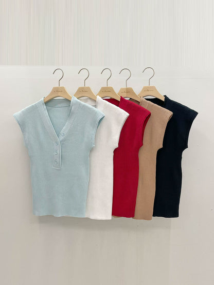 V-Neck Buttoned Sleeveless Knit Top(5 colors)