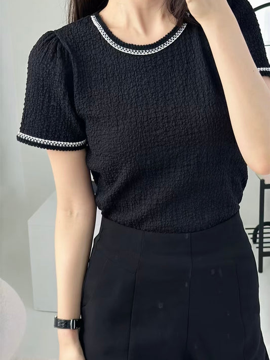 [Wrinkle-Free] Classic Coco Contrast Trim Top(2 Colors)