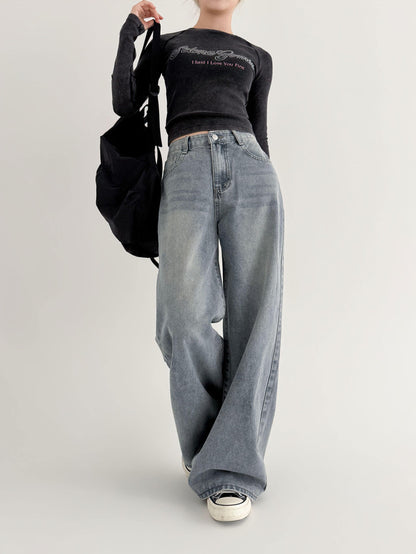 [S-2XL · 3 Lengths] Vintage-Wash Wide-Leg Denim Pants(Dusty blue)
