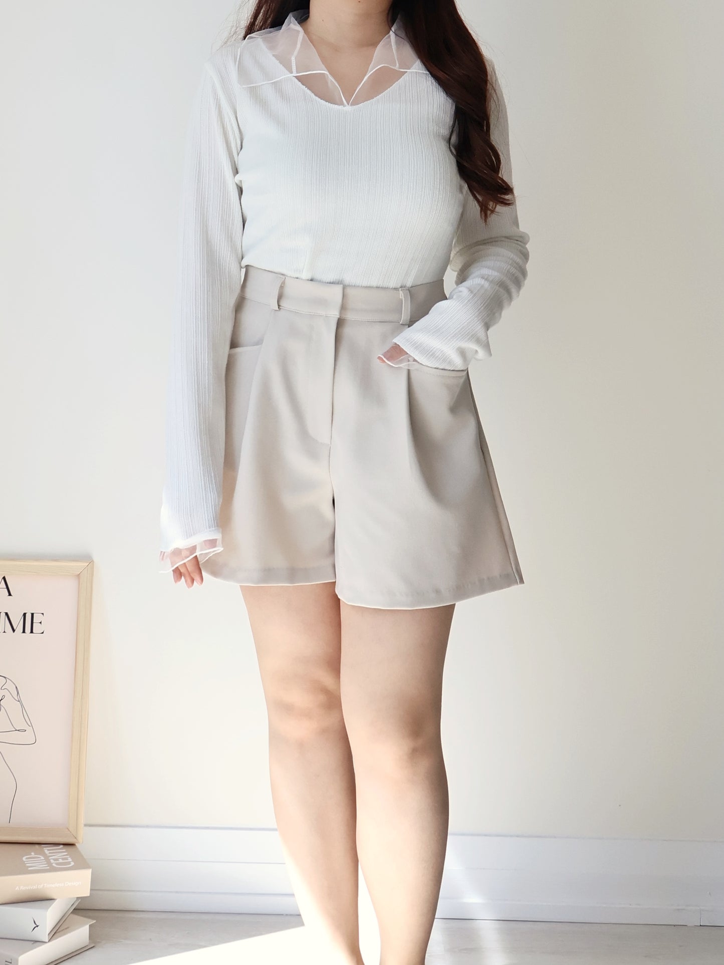 Graceful Sheer Trim V-Neck Top(Ivory)