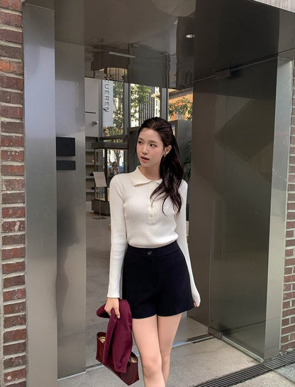 Sophisticated Stretch Polo Rib-Knit Top(4 colors)