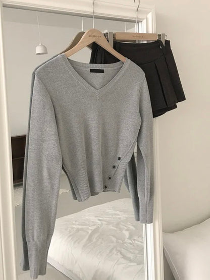 V-Neck Buttons Cinched-Waist Knit Top(5 colors)