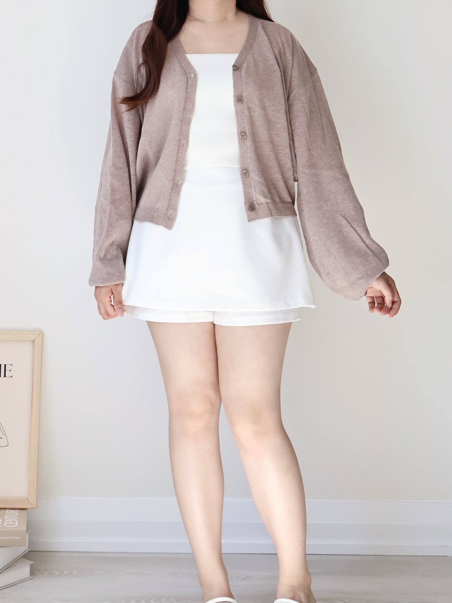 Airy Mélange Linen-Blend Pendant Cardigan(Mocha)