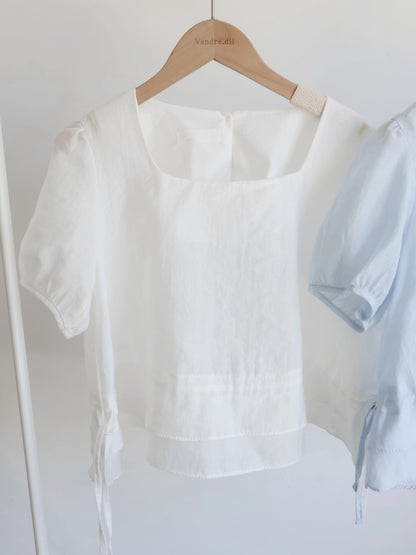 Airy Square-Neck Cinched Chiffon Blouse(Ivory)