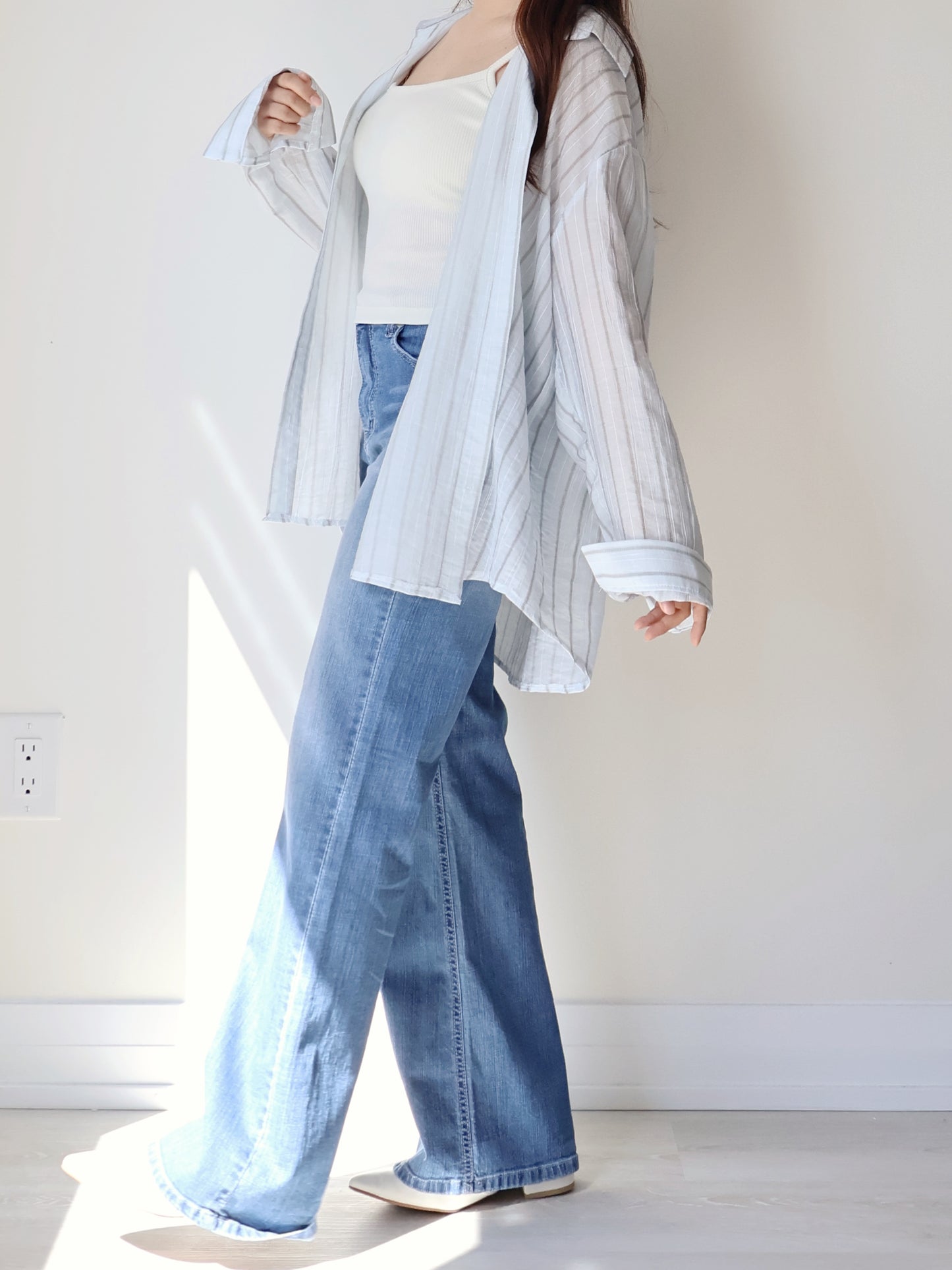 [Wrinkle-Free] Airy Sun-Protective Tencel Striped Shirt(Misty Blue)