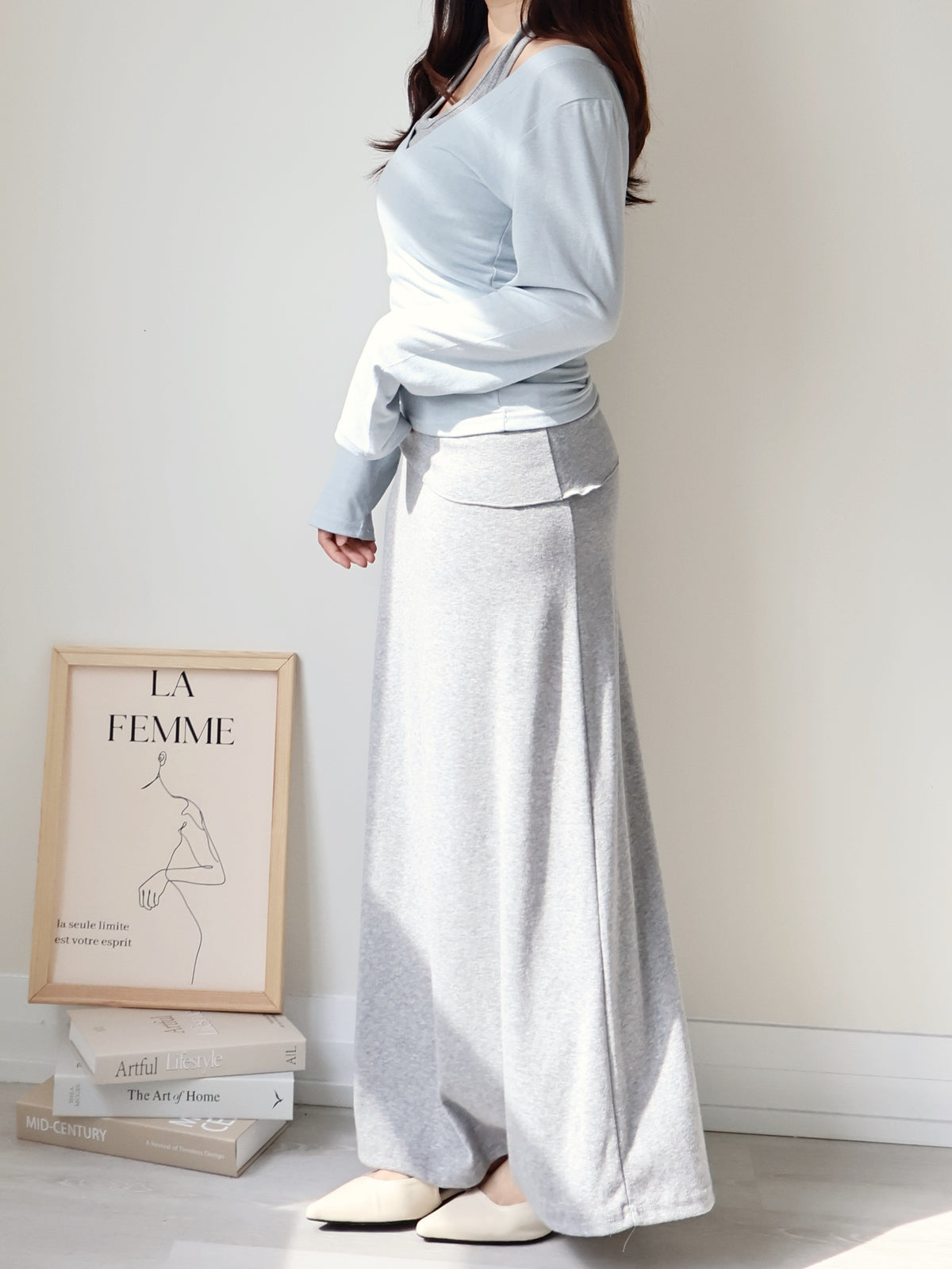 Flattering Tie-Waist Cotton Maxi Skirt(Grey)