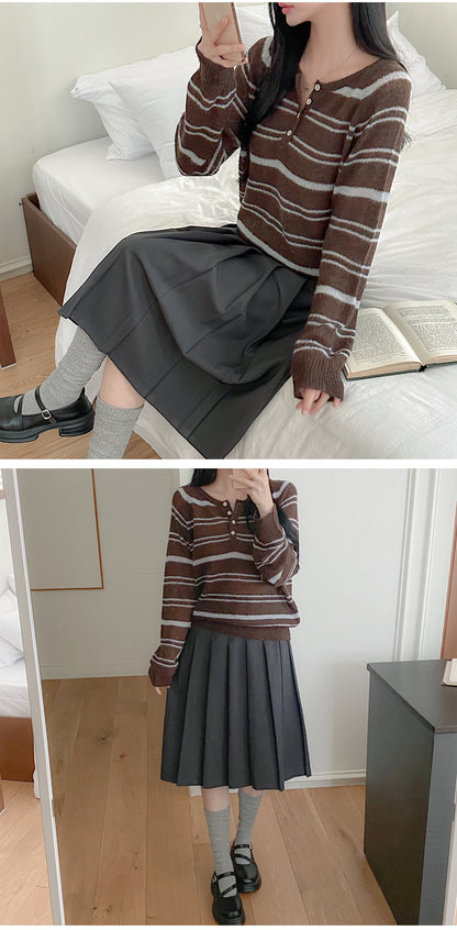 Button-Neck Relaxed Fit Striped Sweater(4 colors)