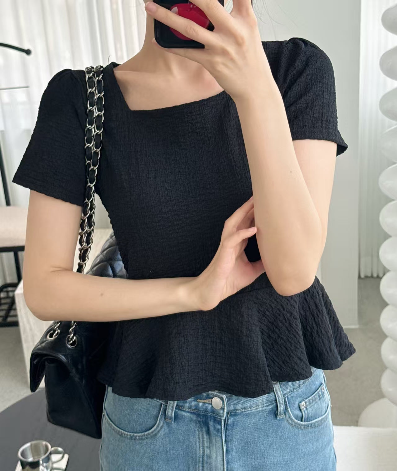 [Wrinkle-Free] Elegant Square Neck Flattering Peplum Blouse(3 Colors)