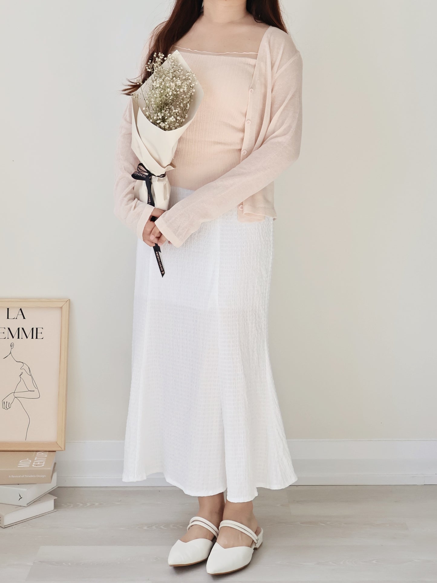 Romantic Sheer Trim Bra Top + Airy Tencel Cardigan(Peach)