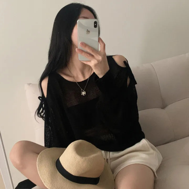 Ribbon Tie Open-Shoulder Knit Top(5 colors)