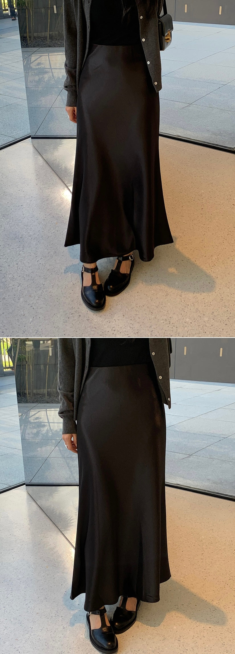 Feminine Silky Satin Banding Flare Maxi Skirt(2 colors)