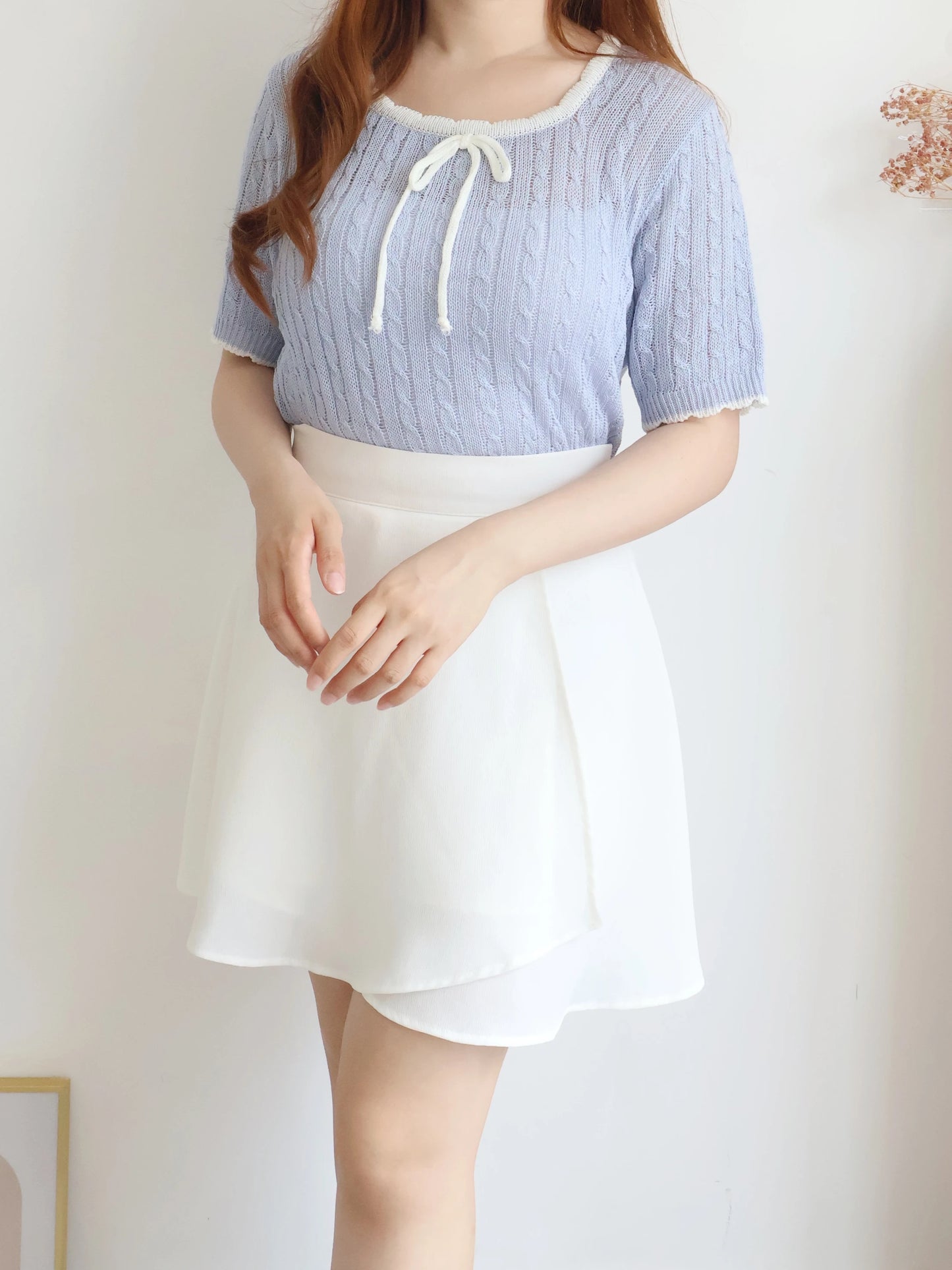 Romantic Square-Neck Contrast-Trim Bow Cable Knit Top(Skyblue)