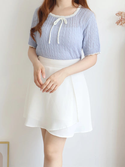 Romantic Square-Neck Contrast-Trim Bow Cable Knit Top(Skyblue)