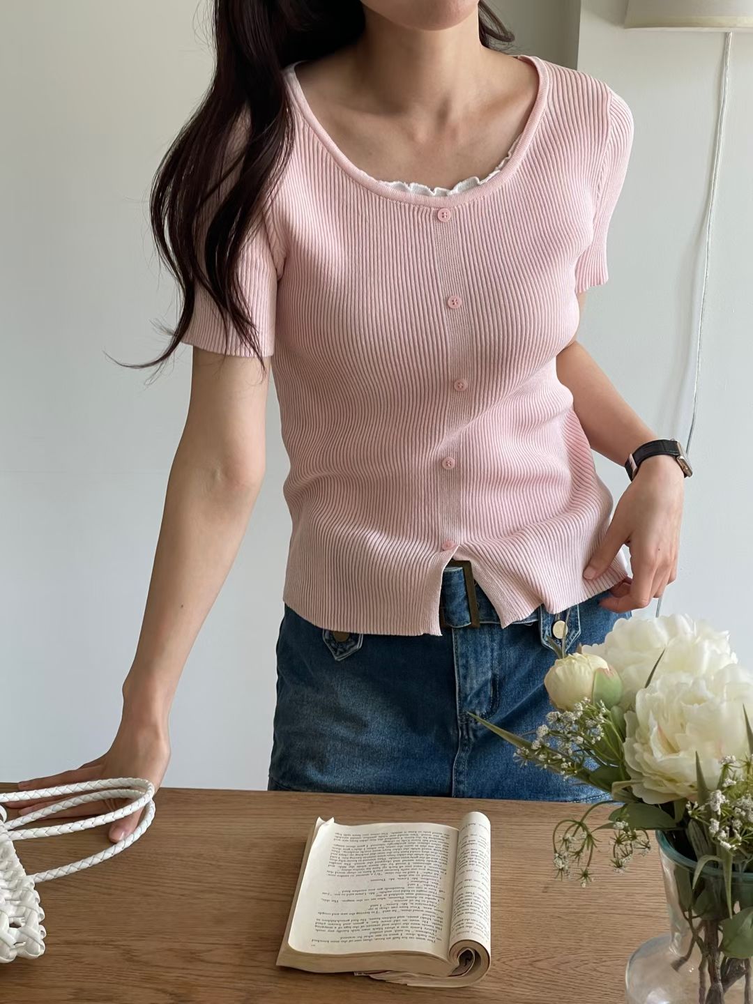 Romantic Lettuce-Trim Ribbed Knit Top(4 colors)