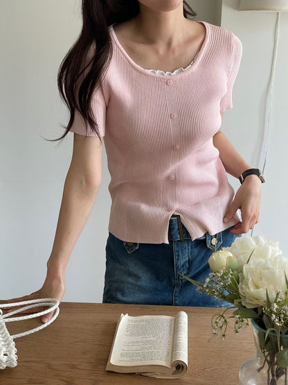 Romantic Lettuce-Trim Ribbed Knit Top(4 colors)