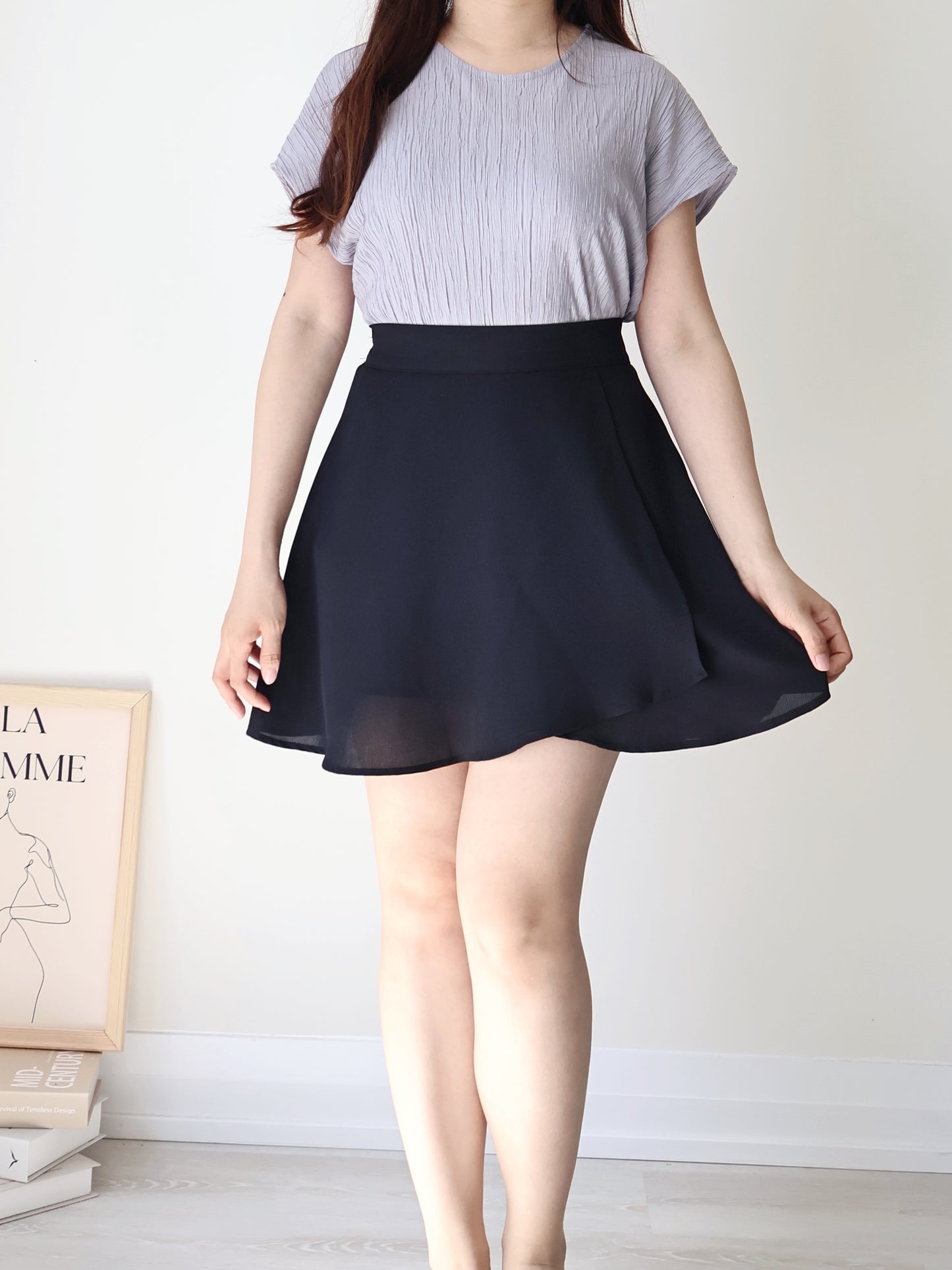 [Wrinkle-Free] Breezy Crinkled Arm-Concealing Blouse(Greyish blue)