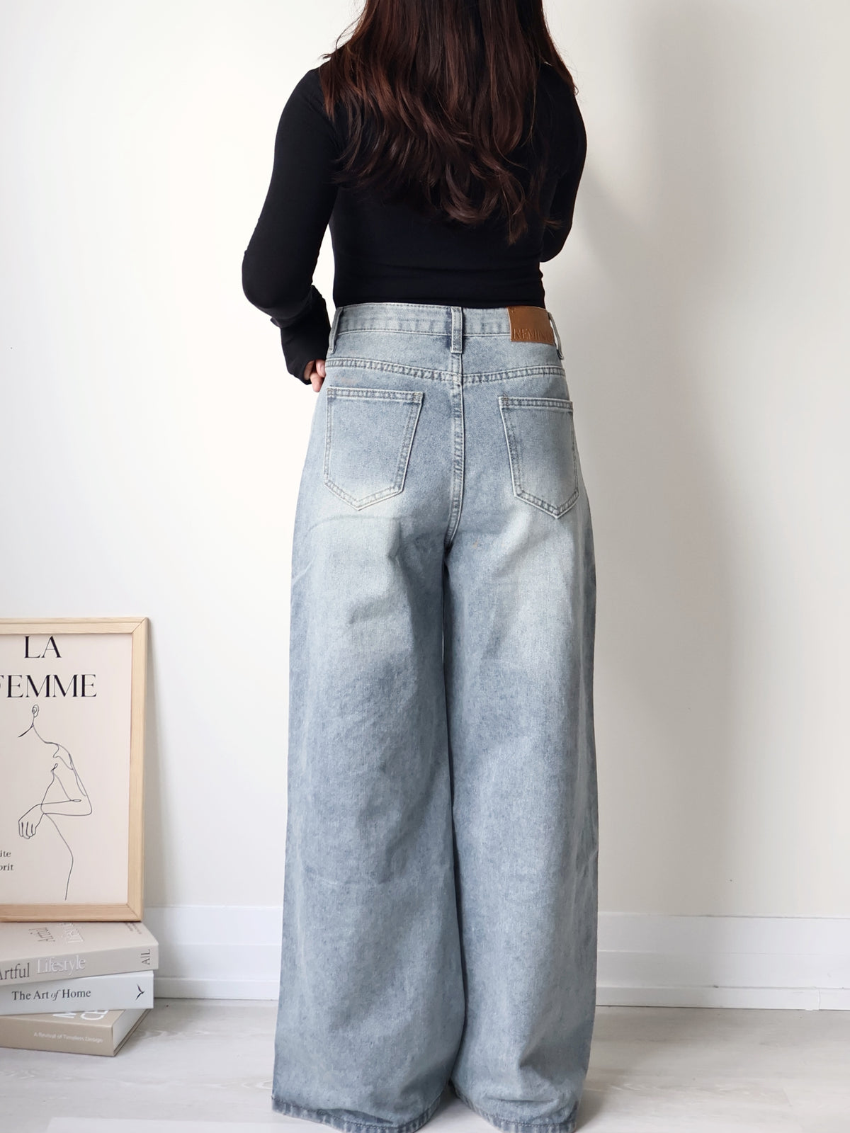 [S-2XL · 3 Lengths] Vintage-Wash Wide-Leg Denim Pants(Dusty blue)