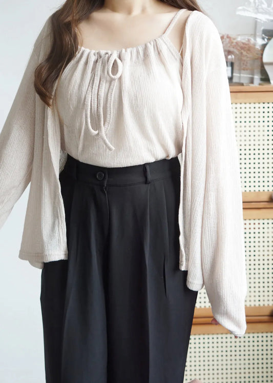 Airy Relaxed Linen Cami & Cardigan 2-Piece Set(Beige)
