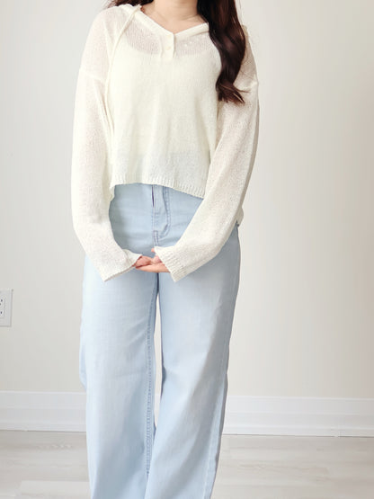 Relaxed 2-Button Hooded UV knit Top(Ivory)