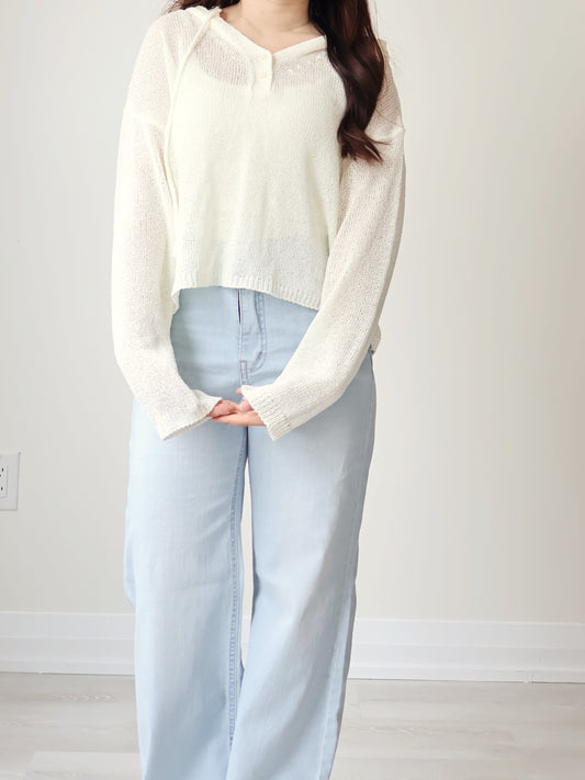 Relaxed 2-Button Hooded UV knit Top(Ivory)