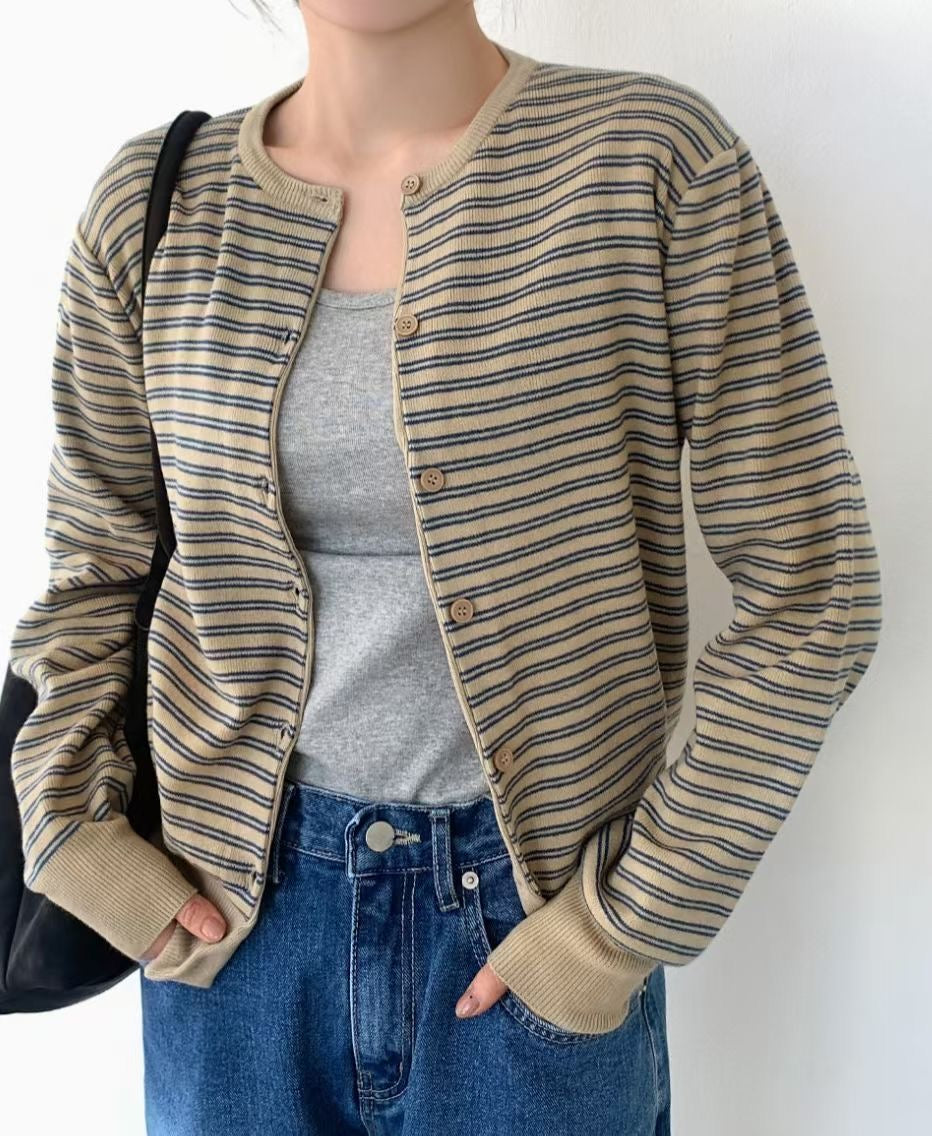 Stripe Round Neck Cardigan(4 colors)