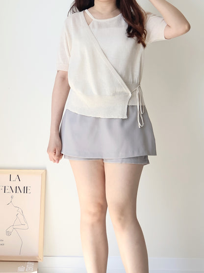 Lighweight Eyelet Overlap Linen Knit Top(Beige)