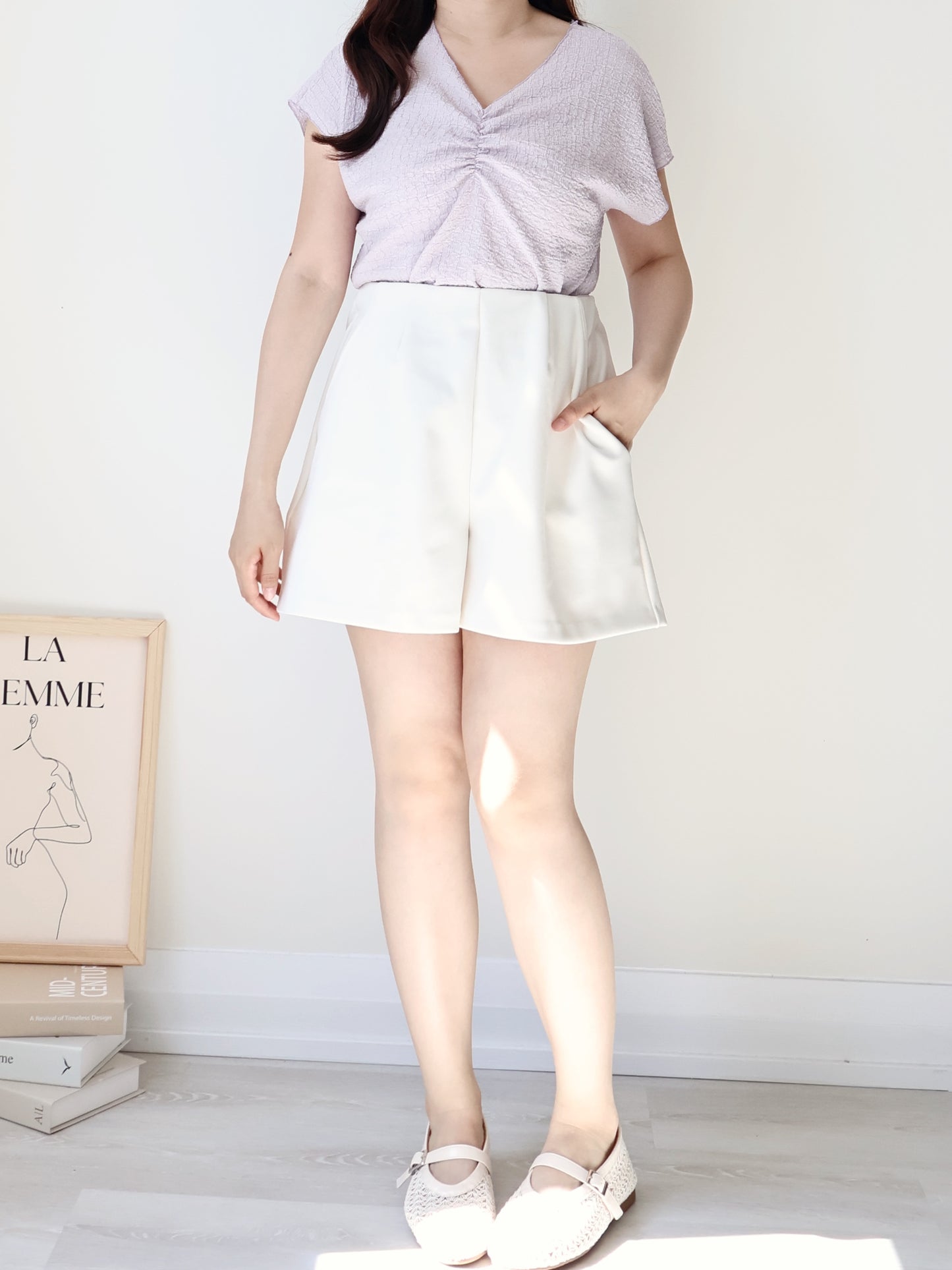 [Wrinkle-Free] V-Neck Waffle Arm-Concealing Top(Lavender)