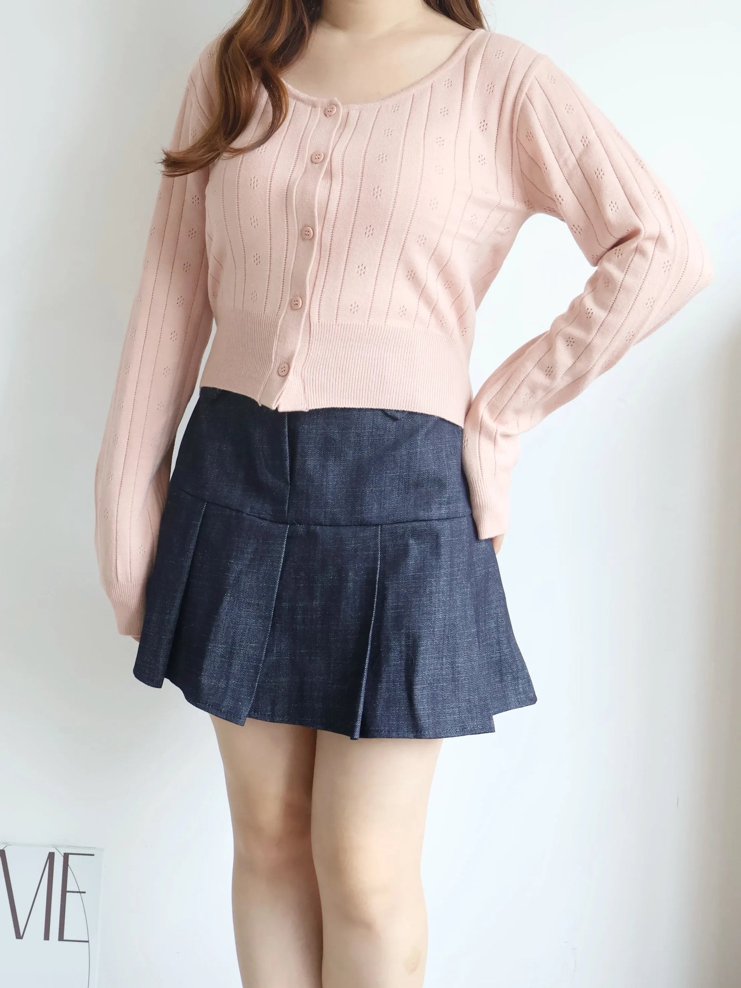 Soft Lace-Trim Eyelet Knit Cardigan(Indipink)